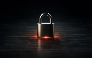 Metallic padlock glowing red, symbolizing law firm data security risk.