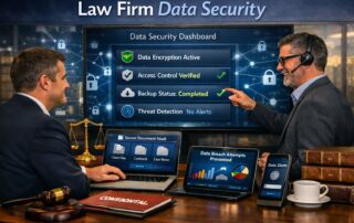 Graphic for law firm data security showing a secure digital legal vault with encryption and data protection icons.