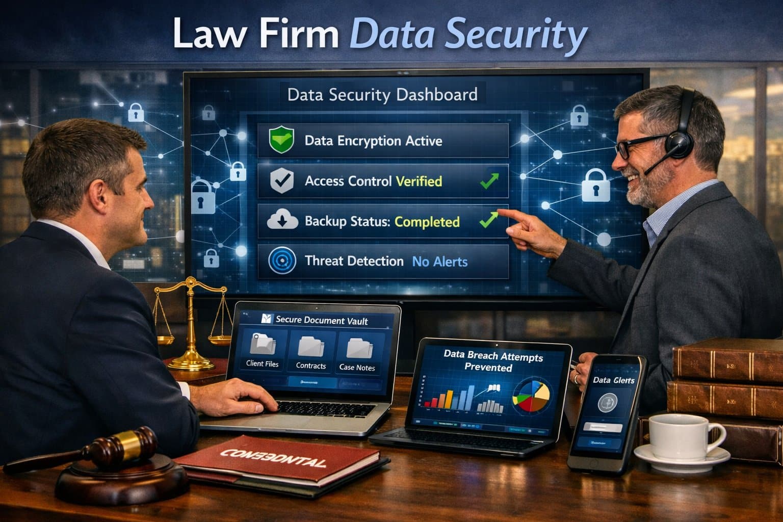 Graphic for law firm data security showing a secure digital legal vault with encryption and data protection icons.