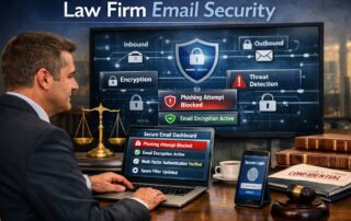 Graphic for law firm email security showing a secure digital envelope with a padlock and legal gavel.