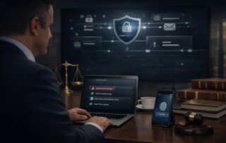 Graphic for law firm email security showing a secure digital envelope with a padlock and legal gavel.