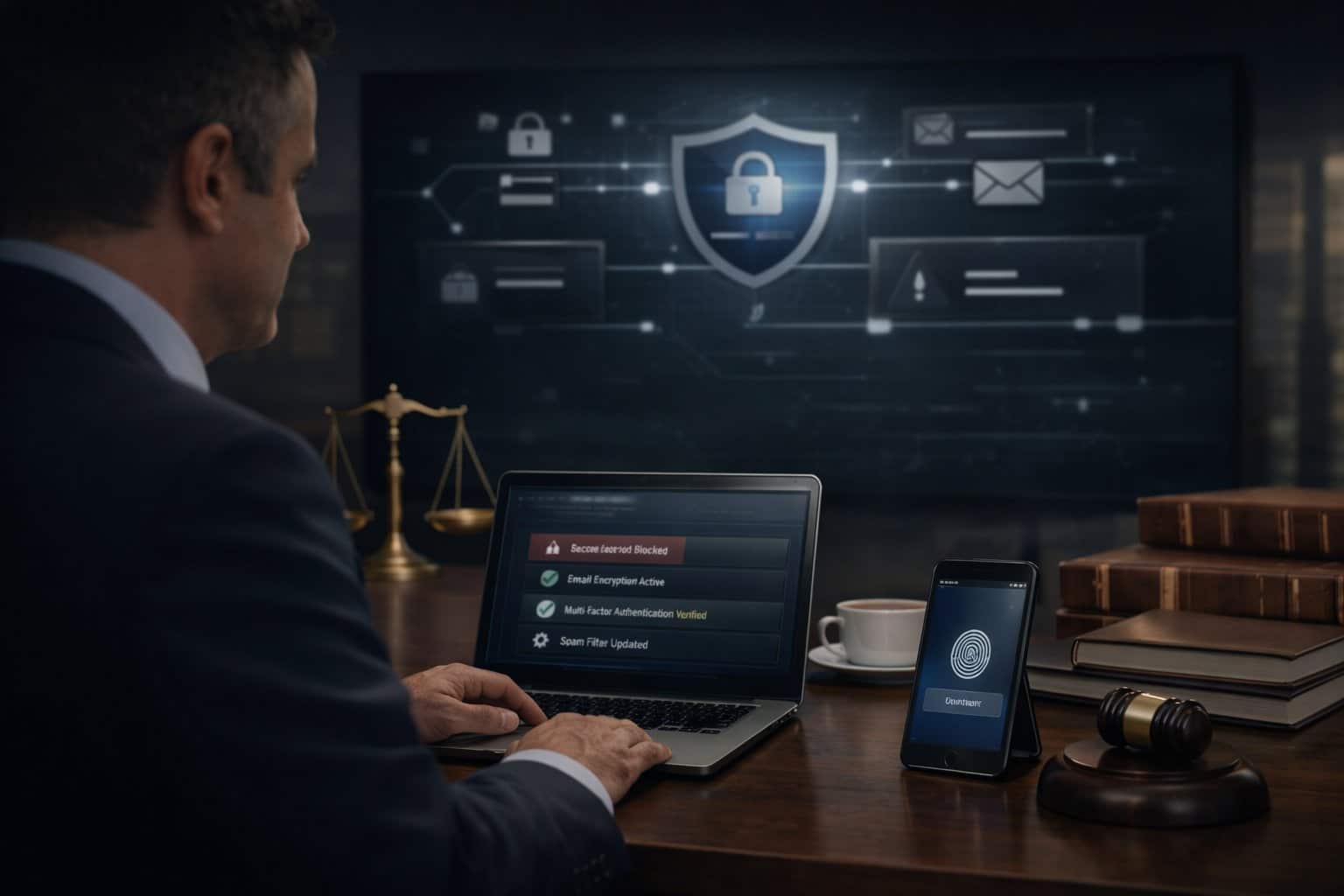 Graphic for law firm email security showing a secure digital envelope with a padlock and legal gavel.
