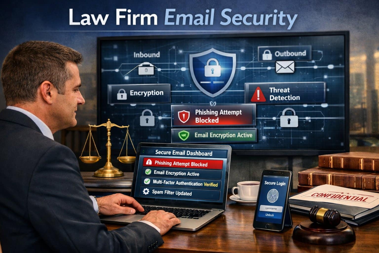 Graphic for law firm email security showing a secure digital envelope with a padlock and legal gavel.