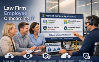 A tech support specialist guiding three law firm employees through a digital IT onboarding process on a large monitor.