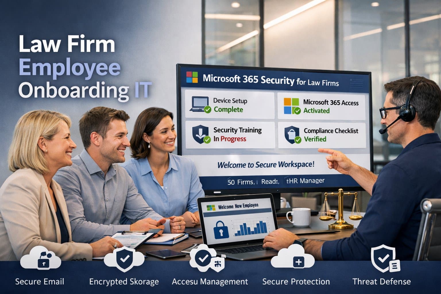 A tech support specialist guiding three law firm employees through a digital IT onboarding process on a large monitor.