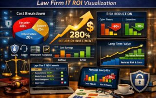 Graphic for law firm managed IT pricing showing a legal team discussed technology budgeting and ROI.