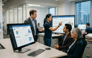 Graphic for law firm managed services showing a professional legal team discussed secure cloud infrastructure.