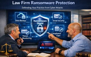 A lawyer and IT consultant reviewing a dashboard for law firm ransomware protection, featuring a secure shield icon and digital security metrics.