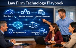 Infographic for a law firm technology playbook showing strategic digital planning and legal tech stack integration with a professional team.