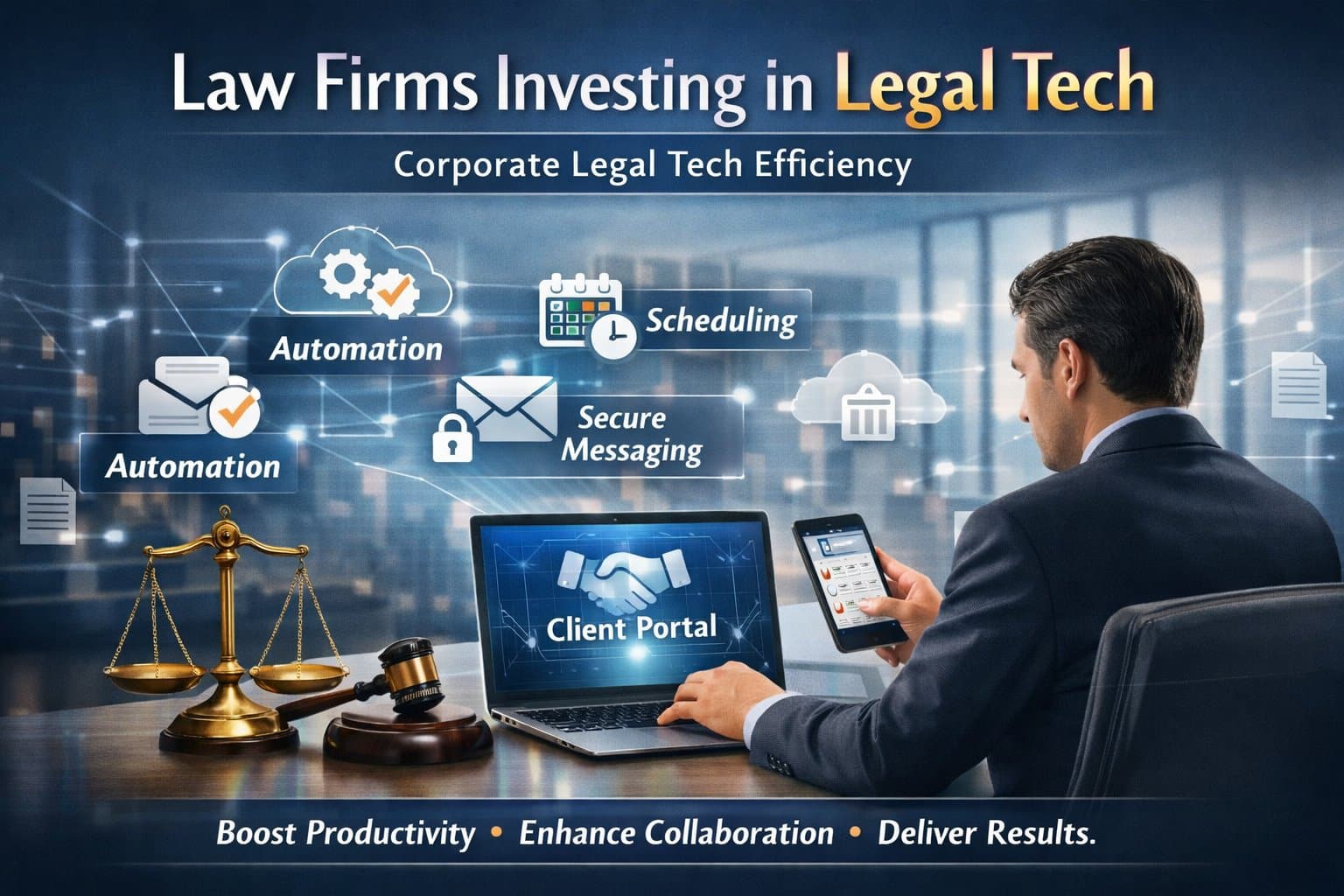 A professional attorney at a desk with digital icons showing how law firms are investing in legal tech to improve billable efficiency and reduce administrative loads.
