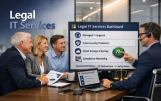 Professional IT consultant discussed specialized legal IT services with an attorney in a modern law office.