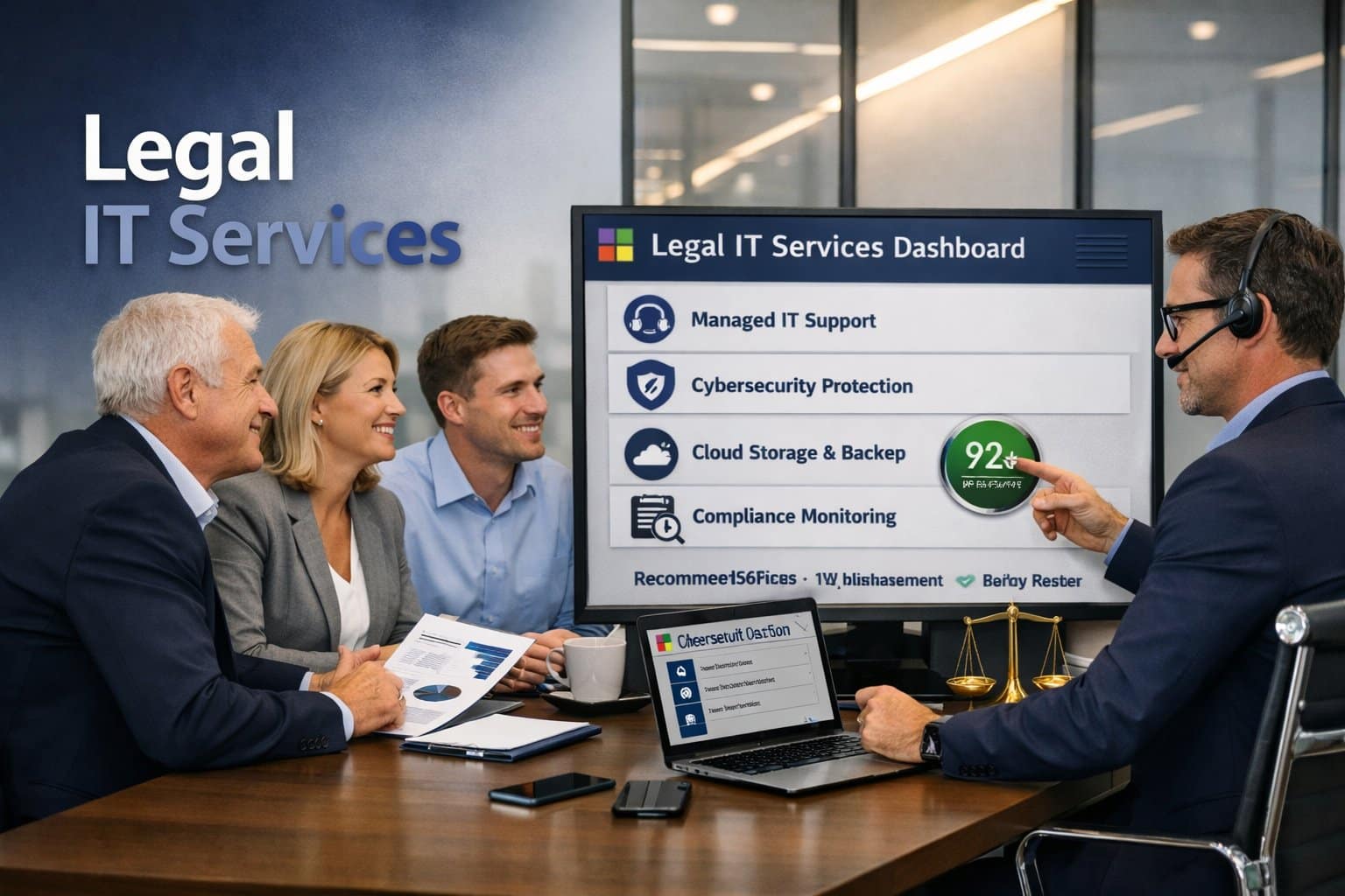 Professional IT consultant discussed specialized legal IT services with an attorney in a modern law office.