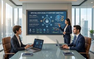 Legal IT support specialists presenting specialized cybersecurity, compliance data security, and system health monitoring solutions to attorneys in a modern law firm conference room.