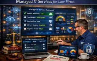 Graphic for managed IT services for law firms showing a professional legal team discussed secure cloud infrastructure.