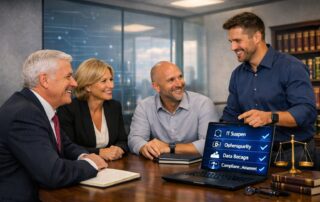 A professional IT consultant discussing managed services for law firms with two attorneys in a modern boardroom.