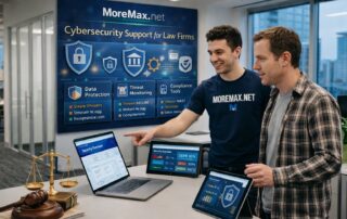 Graphic for large law firm cybersecurity showing a professional legal team discussed secure data infrastructure.