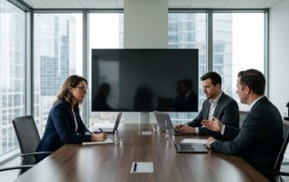 A professional business meeting in a high-rise city conference room with three lawyers discussing legal cybersecurity strategies.