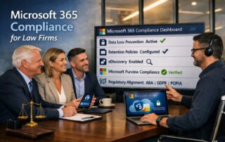 Graphic for M365 compliance law firms showing secure cloud document management and legal data protection.