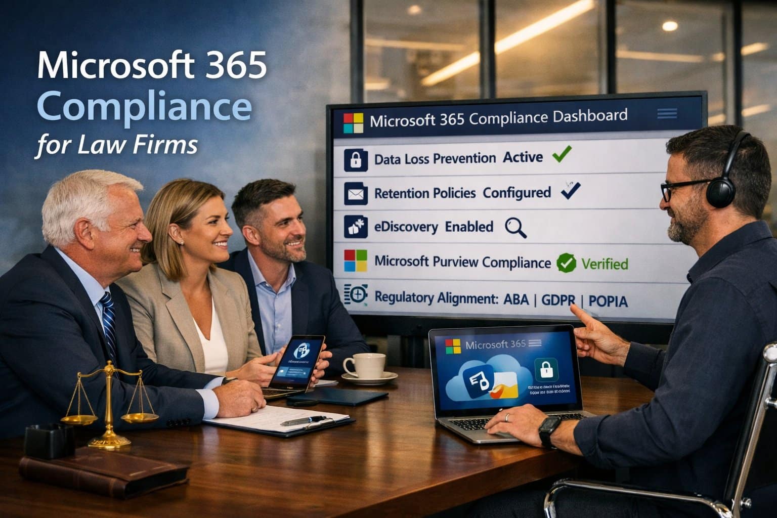 Graphic for M365 compliance law firms showing secure cloud document management and legal data protection.