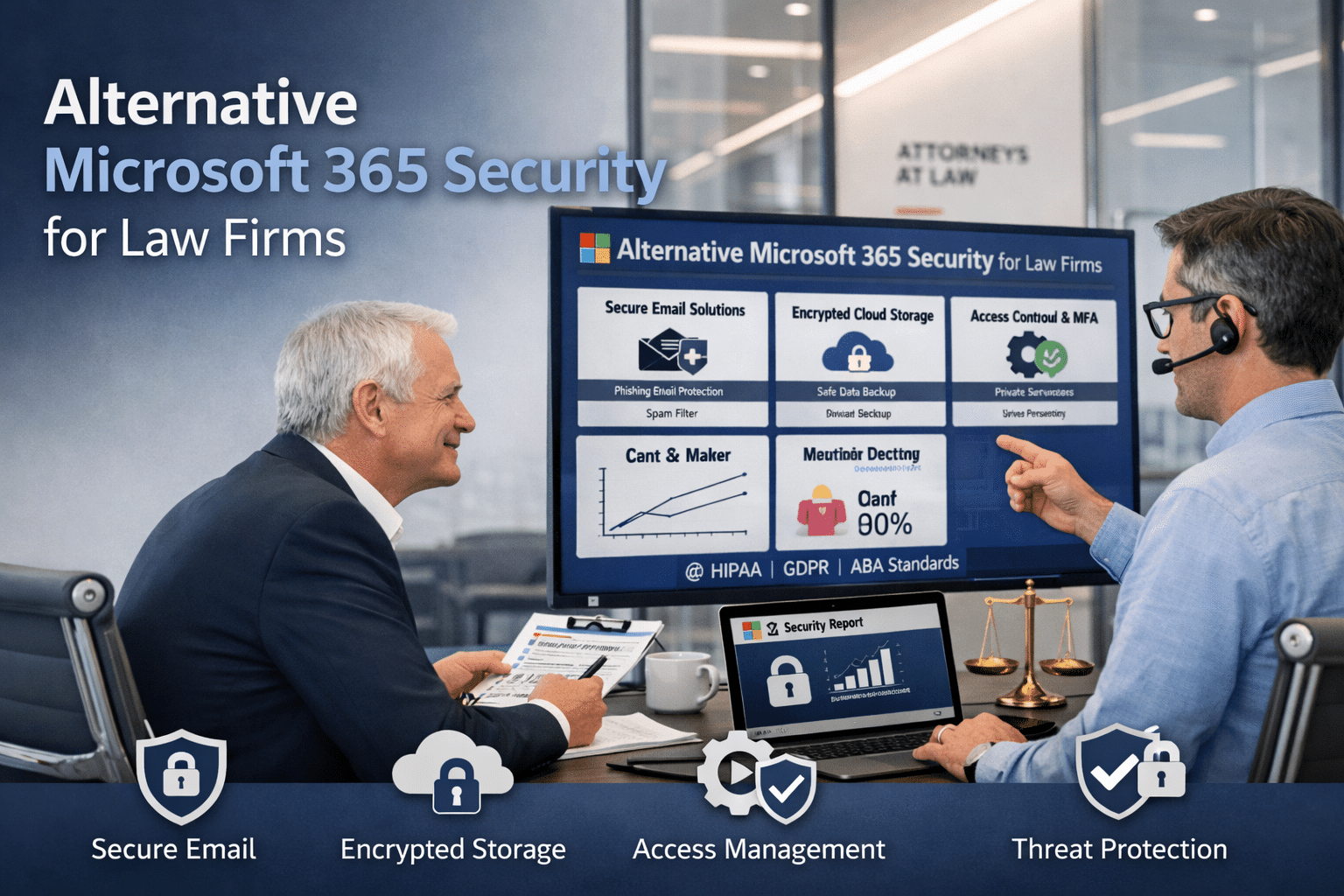An illustration of Microsoft 365 security and compliance configurations tailored for law firms.