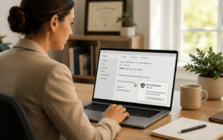 Female lawyer sitting in her home office with natural light coming in from the window. She is reviewing email on laptop with cybersecurity protection alert blocking a malicious link, illustrating Microsoft Defender email security for law firms