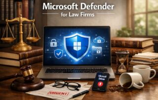 Graphic for Microsoft Defender for law firms showing a secure digital shield protecting a lawyer's laptop and email.