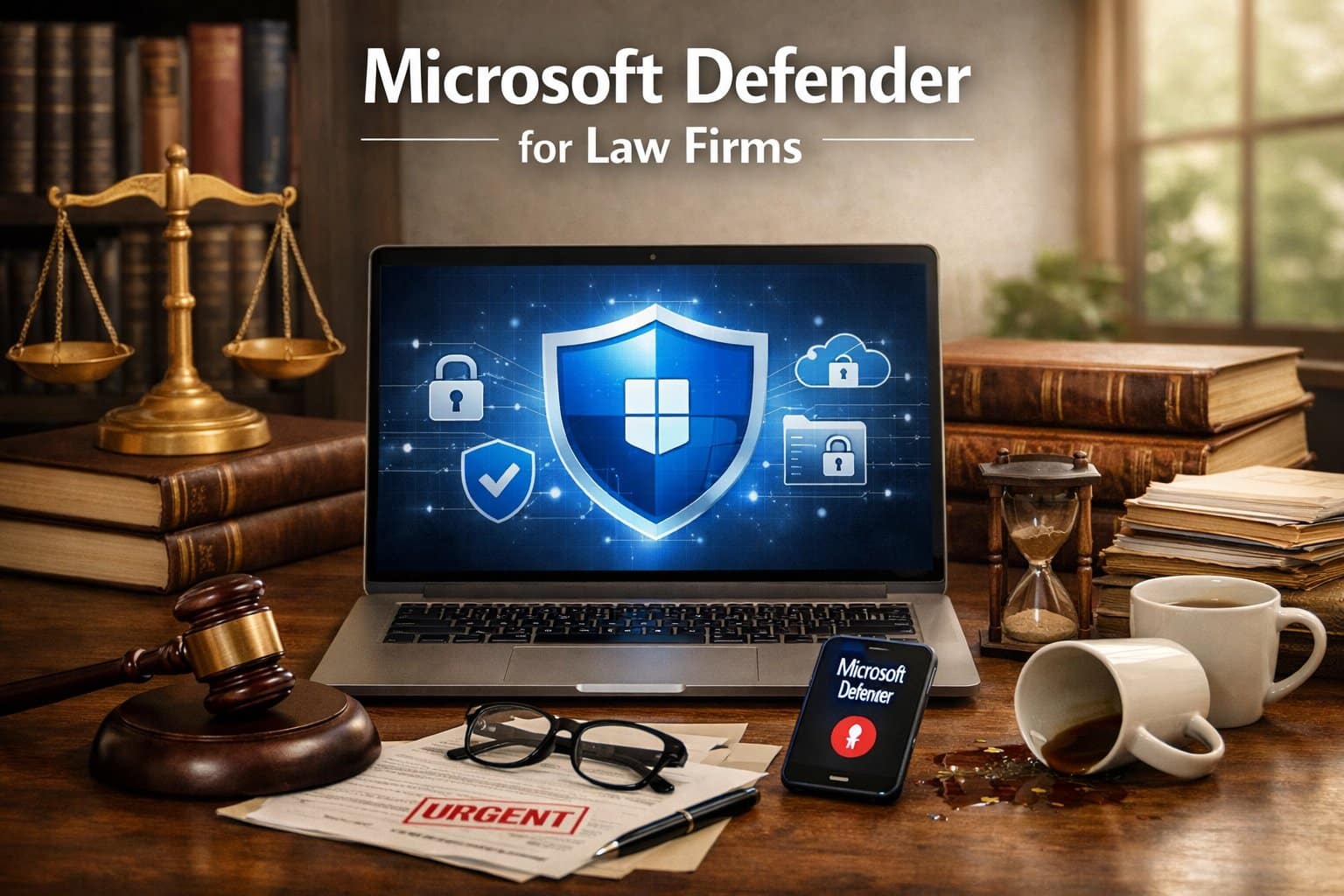 Graphic for Microsoft Defender for law firms showing a secure digital shield protecting a lawyer's laptop and email.