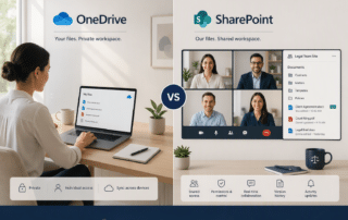 Split-screen illustration showing a minimalist home office on the left for individual legal work and a structured team collaboration workspace on the right with a video call grid and shared documents.