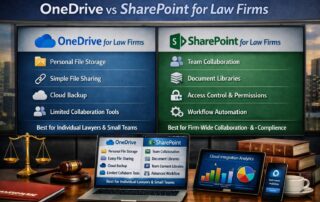 Infographic comparing OneDrive vs SharePoint for law firms, showing the difference between personal drafting and firm-wide document vaults.