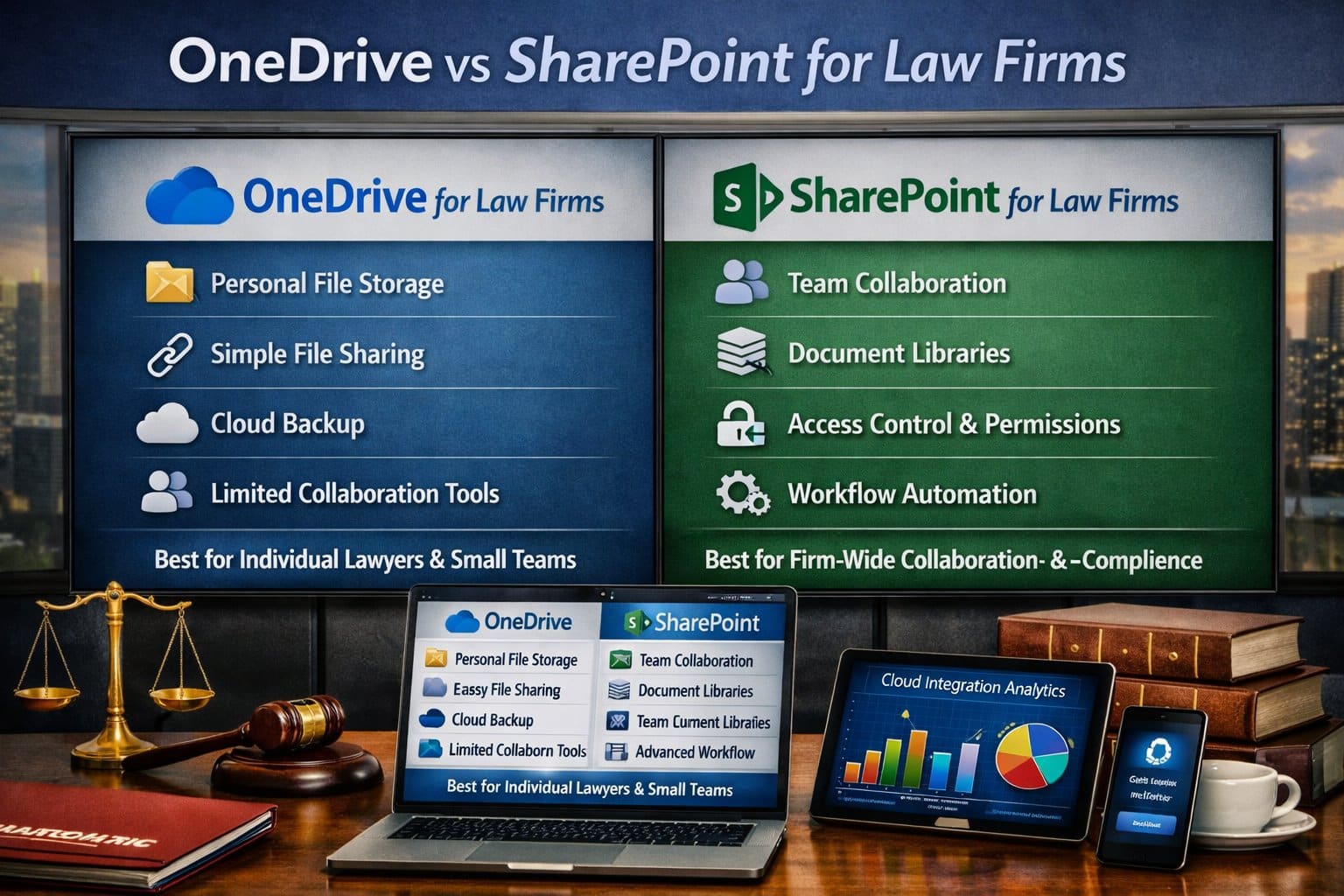 Infographic comparing OneDrive vs SharePoint for law firms, showing the difference between personal drafting and firm-wide document vaults.