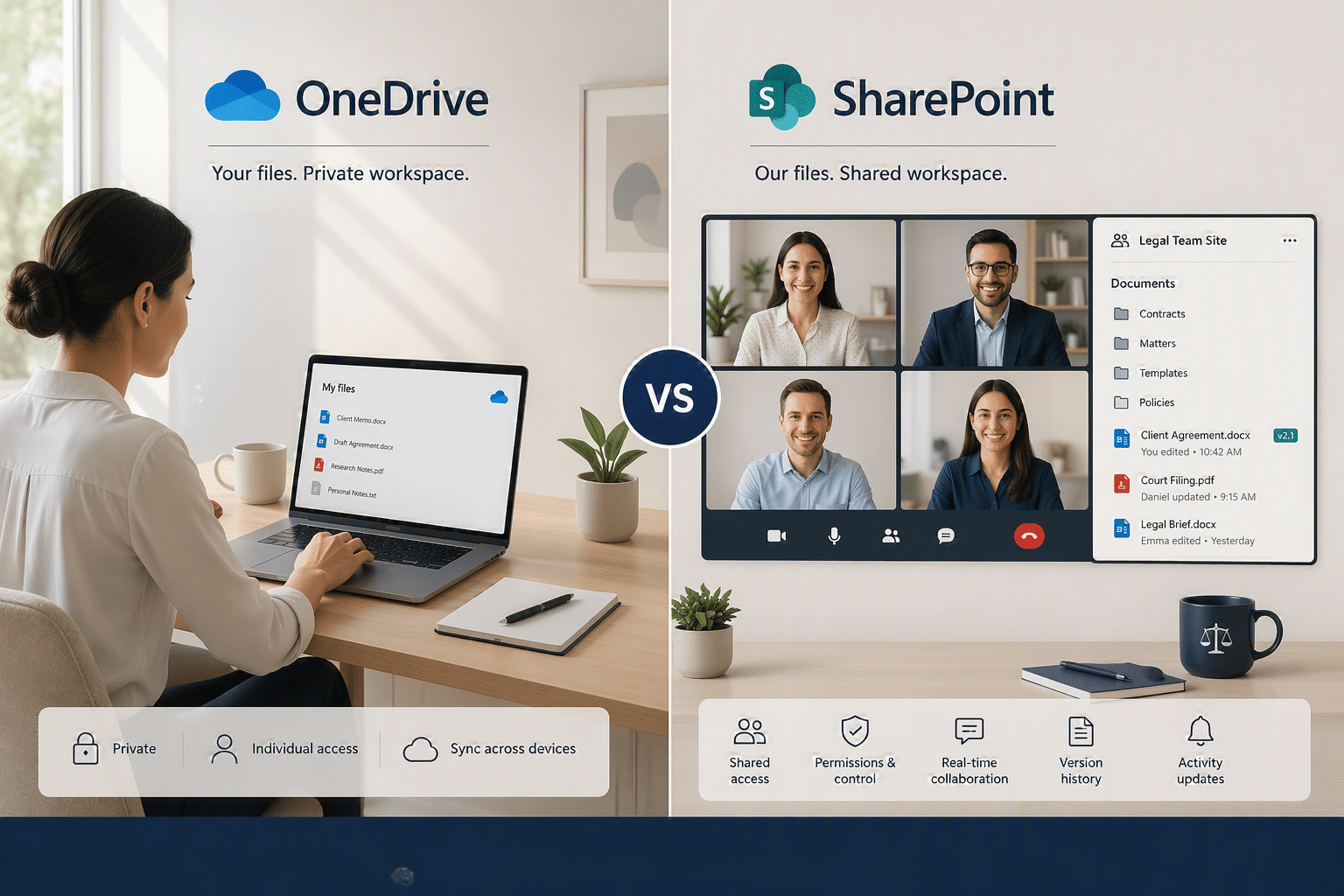Split-screen illustration showing a minimalist home office on the left for individual legal work and a structured team collaboration workspace on the right with a video call grid and shared documents.