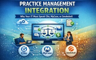 A graphic showing the integration of legal practice management software like Clio, MyCase, and Smokeball with a firm's IT infrastructure, featuring attorneys and data connection icons.