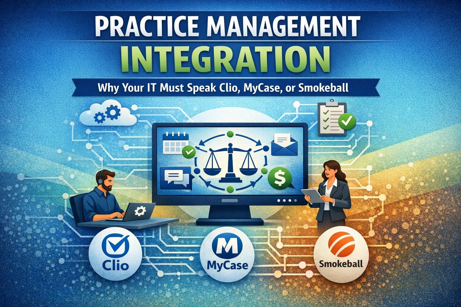 A graphic showing the integration of legal practice management software like Clio, MyCase, and Smokeball with a firm's IT infrastructure, featuring attorneys and data connection icons.
