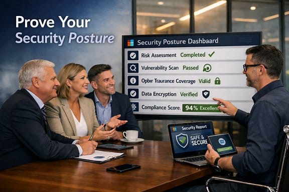 A digital security dashboard demonstrating how to prove security posture for lawyers during a client vendor risk assessment audit.