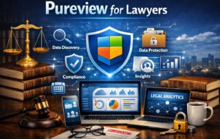 Graphic for Microsoft Purview for lawyers showing secure data governance and cloud document management.