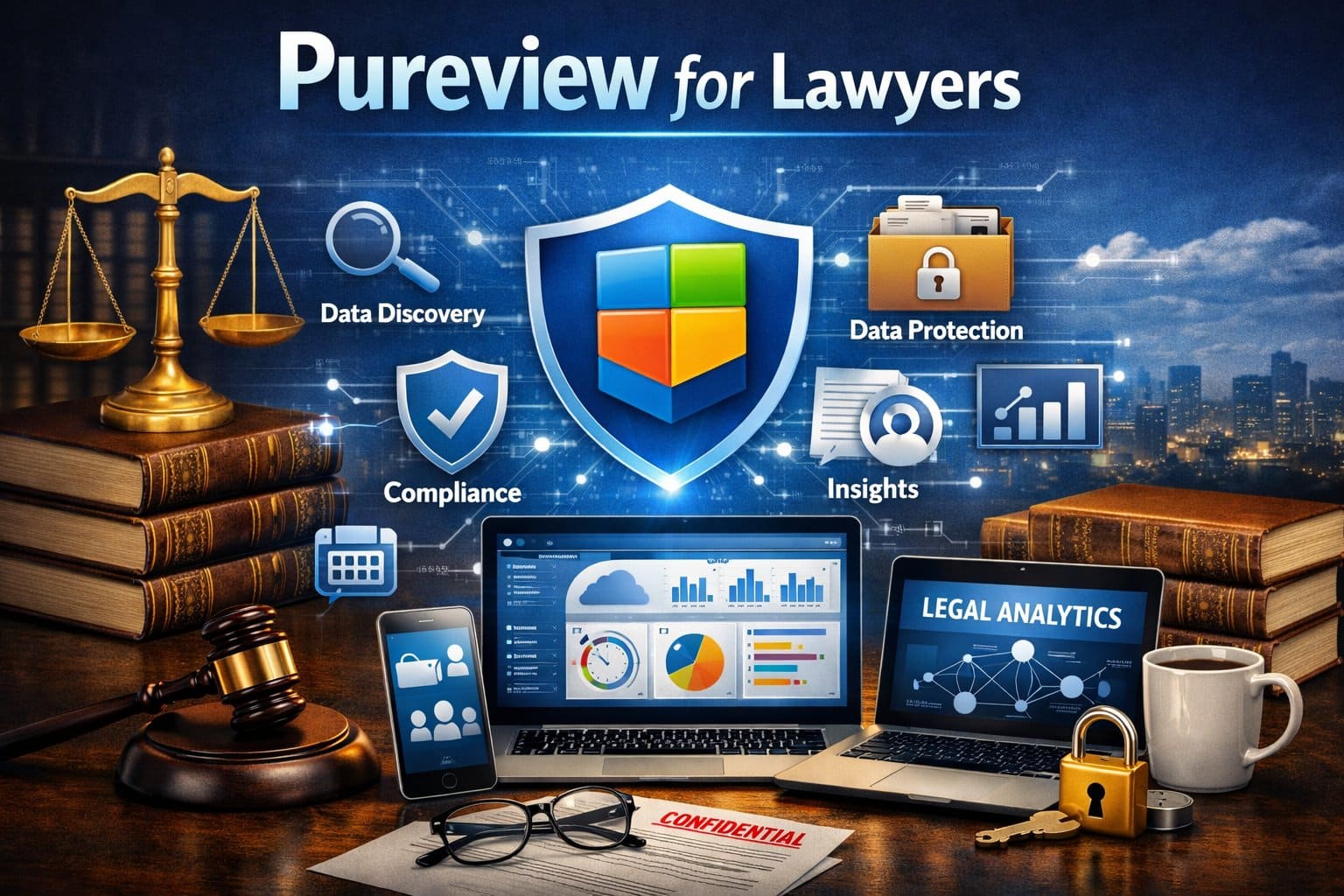 Graphic for Microsoft Purview for lawyers showing secure data governance and cloud document management.