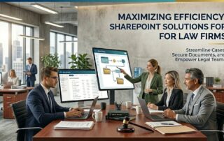 A group of legal professionals in a modern law firm conference room reviewing SharePoint document management and case workflows on a large screen.