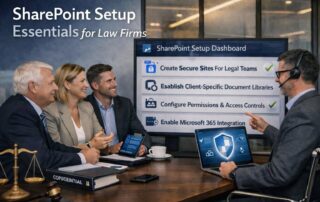 Graphic for law firm SharePoint setup showing a professional legal vault and secure cloud document management.