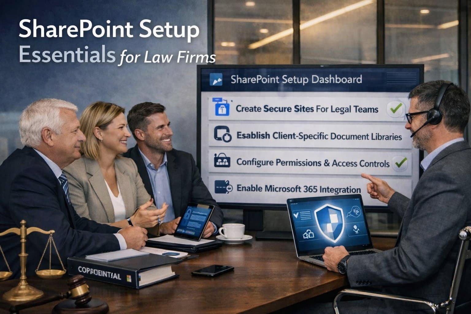 Graphic for law firm SharePoint setup showing a professional legal vault and secure cloud document management.