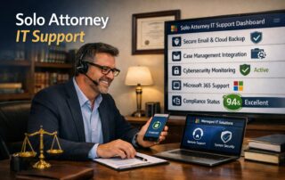 A solo attorney working at a desk with a secure smartphone and laptop, illustrating specialized solo attorney IT support for a small law practice.