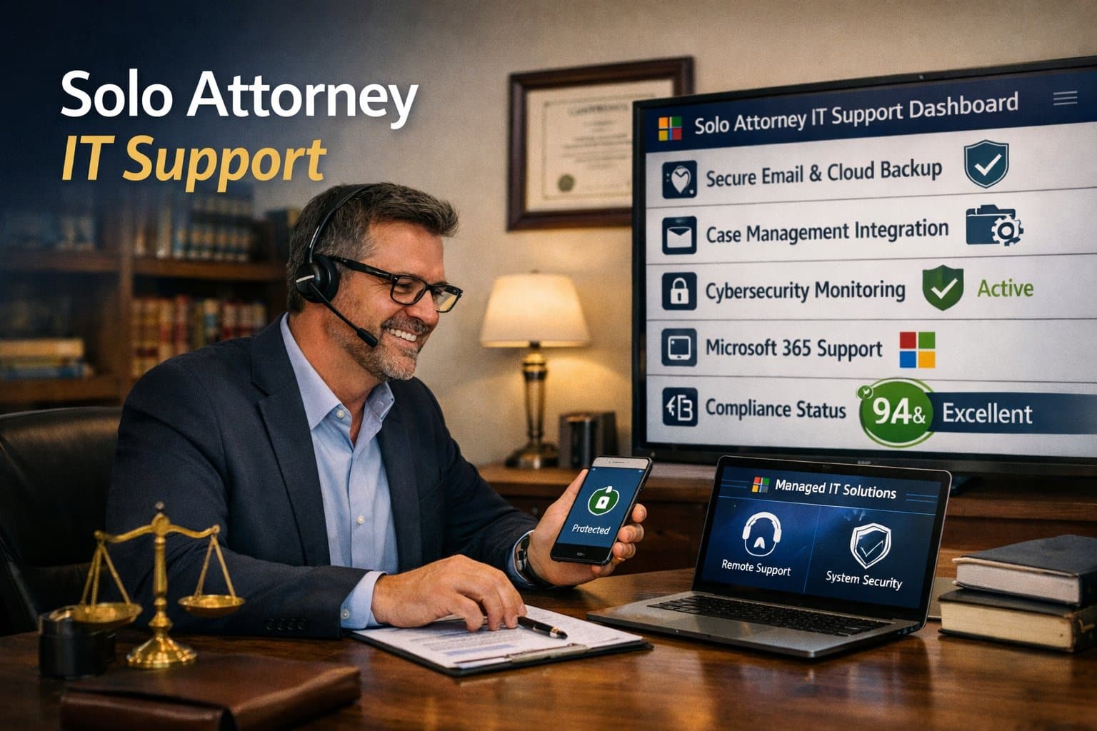A solo attorney working at a desk with a secure smartphone and laptop, illustrating specialized solo attorney IT support for a small law practice.