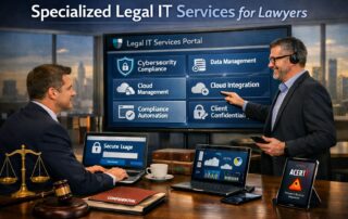 Graphic for specialized legal IT services for lawyers showing a professional consultant discussed secure technology with an attorney.
