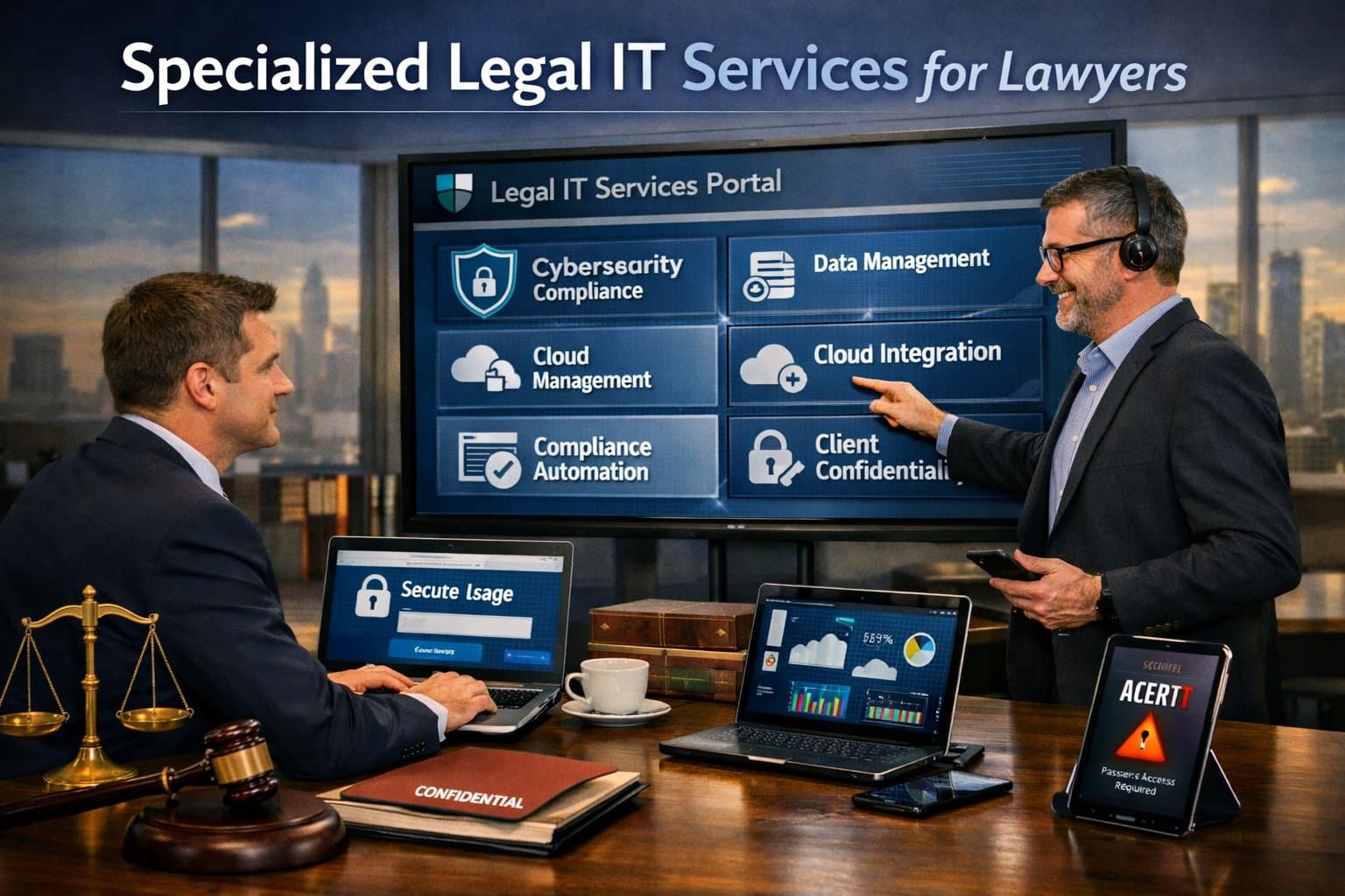 Graphic for specialized legal IT services for lawyers showing a professional consultant discussed secure technology with an attorney.