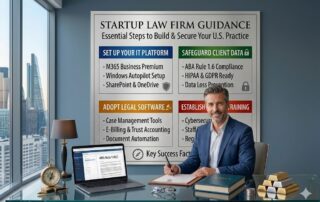 Professional male attorney in a high-rise office sitting at a glass desk, with an infographic on the wall outlining startup law firm guidance and essential tech steps.
