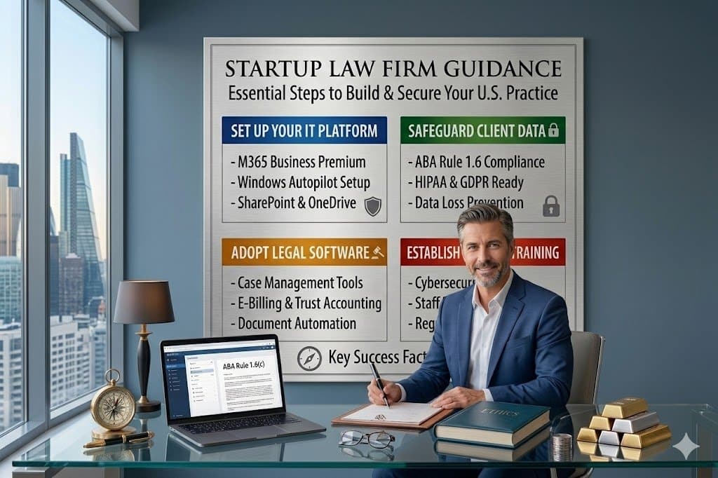 Professional male attorney in a high-rise office sitting at a glass desk, with an infographic on the wall outlining startup law firm guidance and essential tech steps.