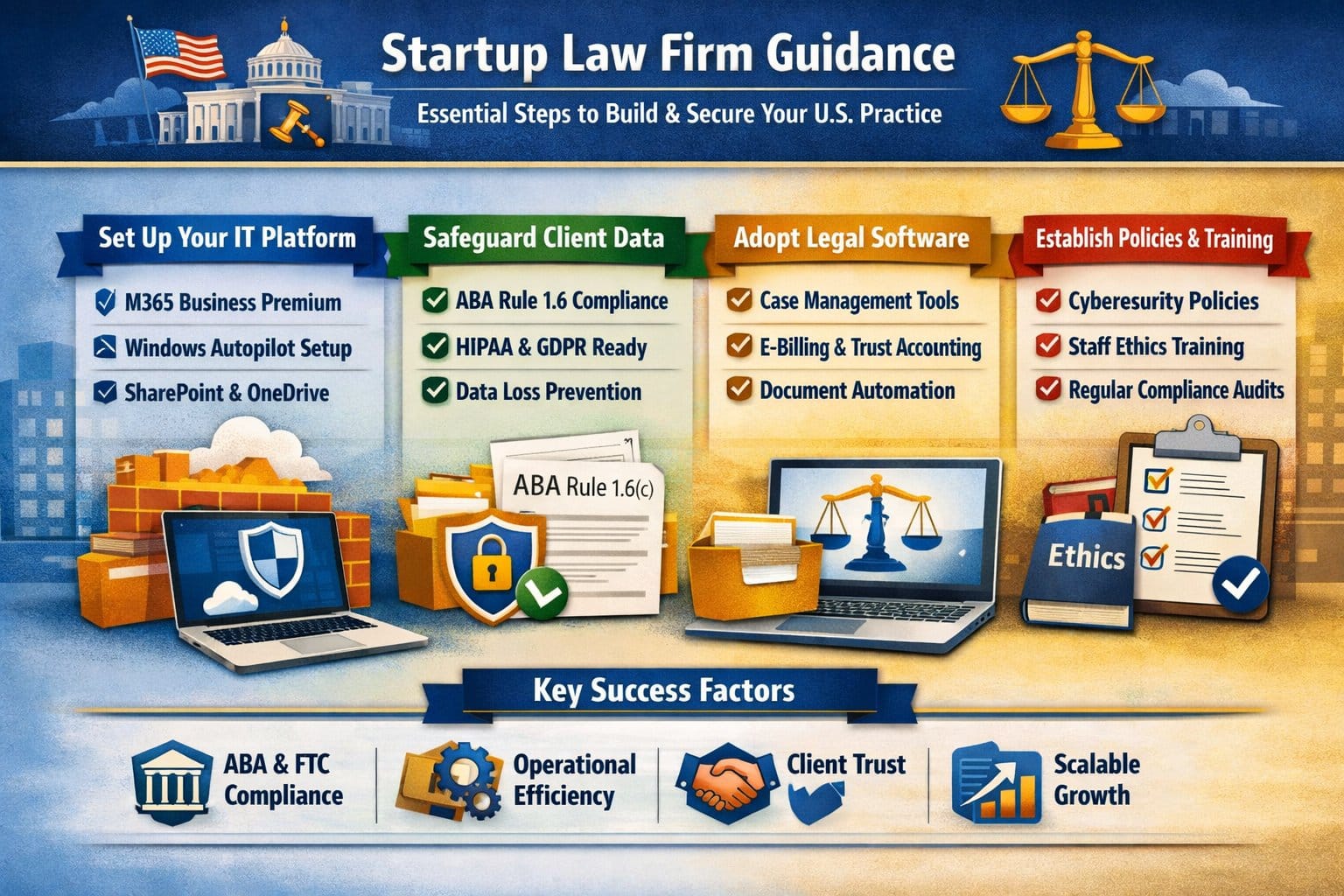 Infographic for startup law firms comparing outdated IT methods with a modern legal tech stack, featuring cloud practice management and Zero Trust security.