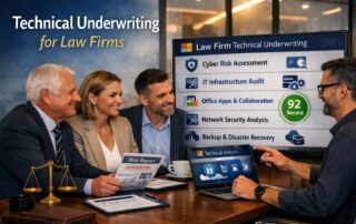 Graphic for technical underwriting for law firms showing a professional IT audit and insurance risk assessment.