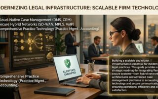 A professional legal consultant and attorney reviewing a guide on modern technical infrastructure for law firms, focusing on scalable and secure technology.