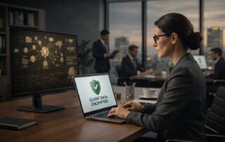 A professional legal consultant and attorney reviewing a guide on modern technical infrastructure for law firms, focusing on scalable and secure technology.
