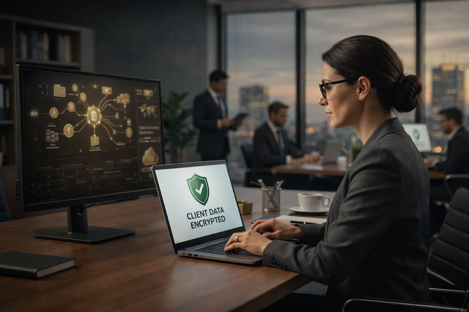 A professional legal consultant and attorney reviewing a guide on modern technical infrastructure for law firms, focusing on scalable and secure technology.